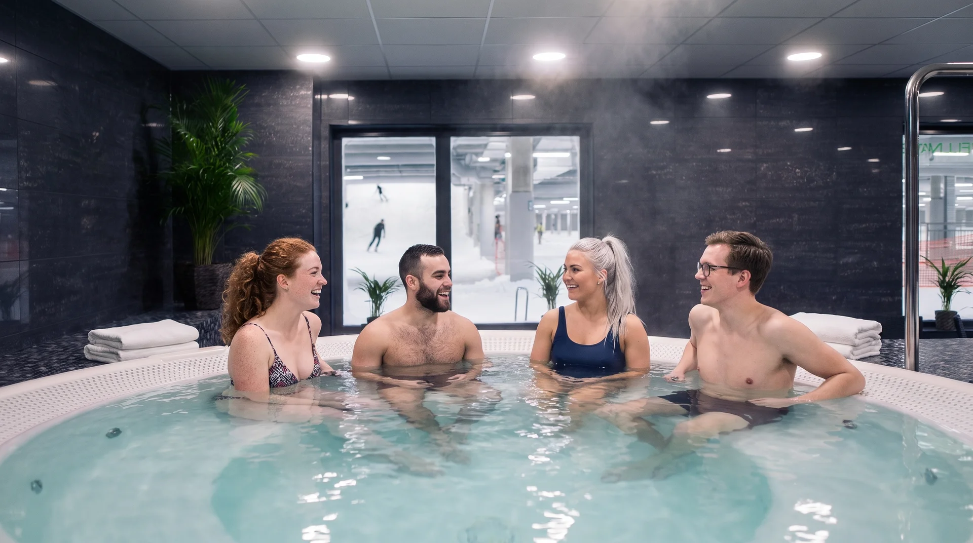 Fyra vänner kopplar av i bubbelpoolen i spa-avdelningen på Kviberg Park, med skidbacken genom fönstret.